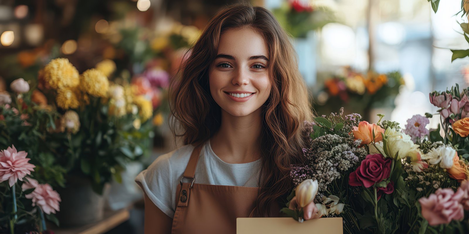 Flower shop employee smiles while holding a bouquet surrounded by colorful blooms in a vibrant local market